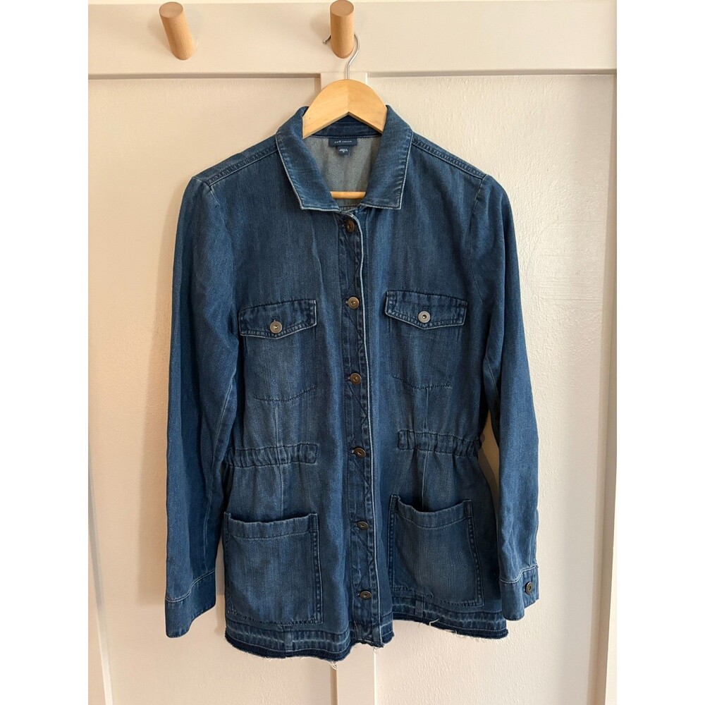 J Jill Denim Jacket  chore coat MED Blue Button Raw Hem Drawstring 100% Cotton